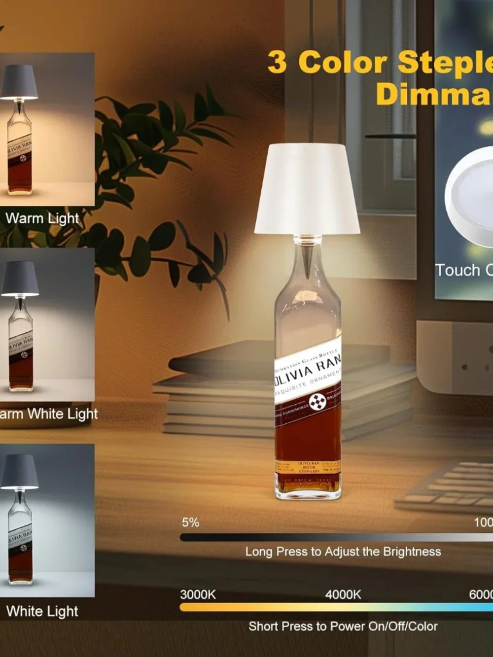Rechargeable Luxury Wine Bottle Table Lamp with 3 Color Dimming for Bars & Event